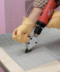 Turbo Sheet Metal Shear Attachment For Drills, 20 Gauge Capacity, Lightweight Aluminum Head in use on sheet metal with a red drill
