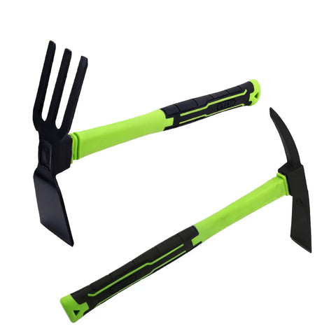 Heavy Duty Garden Hoe And Hand Rake Set With Non Slip Handles Including A Handy Pick Axe For Digging Weeding Cultivating Yard Lawn Farm