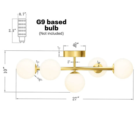 Five Light Bathroom Vanity Light Fixture With Milk Glass Globes In Brass Finish For A Slick Mid Century Modern Look And Semi Flush Mount Ceiling And Wall Sconce G9 Base with dimensions.