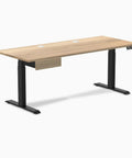 Solid White Ash Standing Desk With Dual Motors And Concealed Storage Drawer 72 Inch Wide Electric Height Adjuster For Home Office, side view showing matte black frame and drawer.