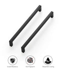 Two matte black zinc alloy handles from 30 Pack Solid Slim Square Drawer Handles For Cabinets, 7 And A Half Inch Center To Center, with icons.