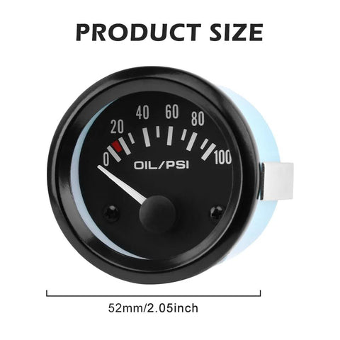 Universal oil pressure gauge kit, 52mm dial showing 0-100 PSI range.