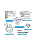 Stainless Engine Screws Kit Set For TW200 XT200 1987 To 2024 Dual Sport And Trail Bikes Includes All Common Bolt Sizes To Match Engine Points Rust Resistant Stainless Hardware For A Beefy, Rock Solid Ride. stainless bolts and washers arranged by engine cover, exhaust, and cylinder head