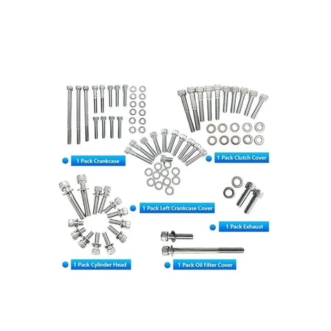 Stainless Engine Screws Kit Set For TW200 XT200 1987 To 2024 Dual Sport And Trail Bikes Includes All Common Bolt Sizes To Match Engine Points Rust Resistant Stainless Hardware For A Beefy, Rock Solid Ride. stainless bolts and washers arranged by engine cover, exhaust, and cylinder head