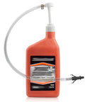 Fluid Pump For Standard Quart Bottles With Third Hand Adapter For Gear Oil, attached to orange bottle with white cap