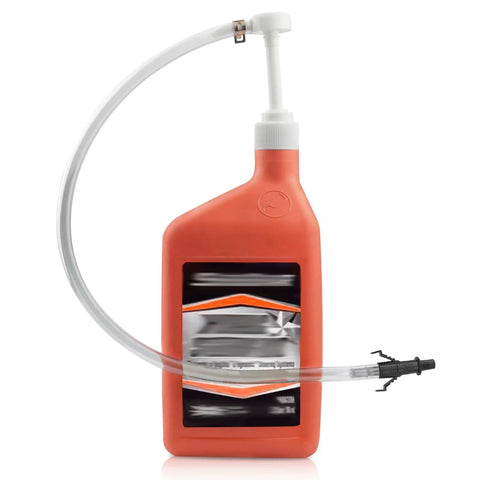 Fluid Pump For Standard Quart Bottles With Third Hand Adapter For Gear Oil, attached to orange bottle with white cap