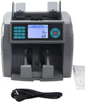 Top Shelf Mixed Denomination Money Counter With Auto Currency ID And Smart Counterfeit Detector for Banks and Restaurants with display and plugged cable.