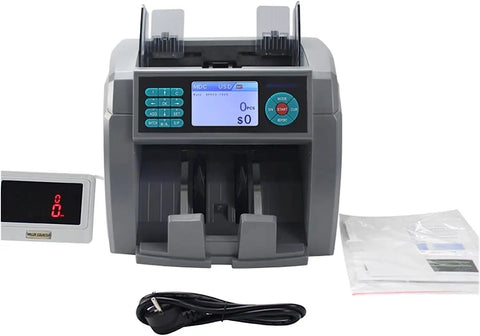 Top Shelf Mixed Denomination Money Counter With Auto Currency ID And Smart Counterfeit Detector for Banks and Restaurants with display and plugged cable.