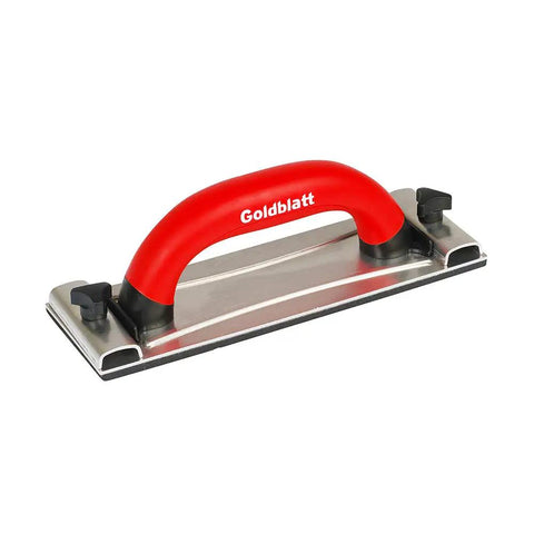 Heavy Duty Drywall Sanding Block With No Sweat Rubber Handle And Beefy Foam Cushion For Killer Wall Prep Wood Crafting Metal Buffing And Auto Body Polish Jobs, red handle and metal base.