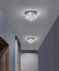 Dope Crystal Chandelier LED Ceiling Light Flush Mount In Stainless Steel With Beaded Shade in modern hallway setting