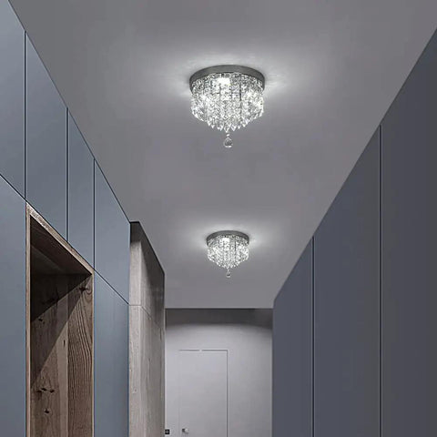 Dope Crystal Chandelier LED Ceiling Light Flush Mount In Stainless Steel With Beaded Shade in modern hallway setting