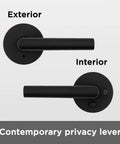 Milan Matte Black Iron Door Lever, Dope Modern Slim Round Privacy Handle shown in exterior and interior view for interior doors.