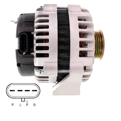 Side view of Beefy 250 Amp High Output Alternator for Silverado Suburban 2002-2006, 4 pin regulator plug connector visible