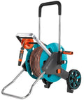 Mobile Garden Hose Reel With Smooth Rolling Wheels And Foldable Handle Heavy Duty Water Hose Cart For Backyard Irrigation Includes Forty Meter Pipe, view showing reel and handle.