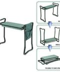 Foldable Garden Kneeler And Seat With Tool Pouches All In One Bench for gardening, shown in seat, kneeler, and folded position.