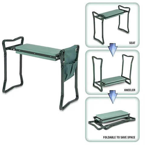 Foldable Garden Kneeler And Seat With Tool Pouches All In One Bench for gardening, shown in seat, kneeler, and folded position.