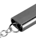Close-up of Emergency Survival Whistle 10 Pack Aluminum Alloy Double Tube High Frequency Loud Whistle with keychain attachment.
