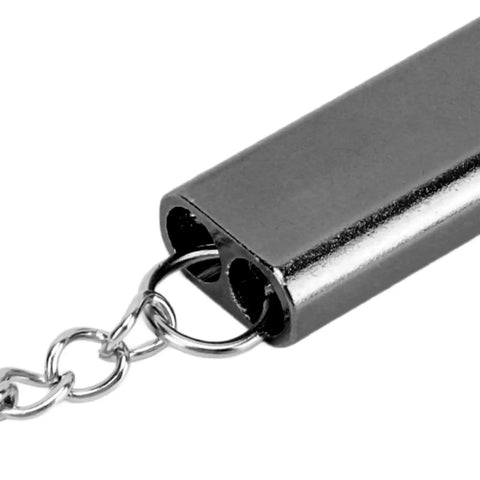Close-up of Emergency Survival Whistle 10 Pack Aluminum Alloy Double Tube High Frequency Loud Whistle with keychain attachment.