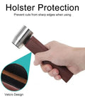 Hand holding Handy Auger Wood Drill For Camping And Bushcraft with leather sheath, highlighting Velcro design for holster protection.