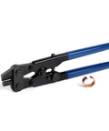 PEX Crimp Ring Removal Tool For 1/2 Inch 3/4 Inch 1 Inch F1807 Copper Rings Decrimping Tool with blue handles and copper ring