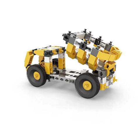 Tipper Truck 3 In 1 STEM Building Kit For Kids 6 Plus Hands On Engineering Fun Learn Mechanics With Three Models Skid Steer Dumper Dope Educational Toy Gift For Boys And Girls - Model of yellow and gray tipper truck.