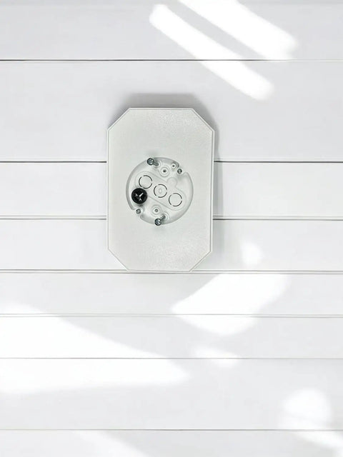 Vinyl Siding Mount Block With Built In Electrical Box For Outdoor Light Mounting UL Listed 4 Inch And Lap Siding Compatible Quick Easy Install 6.9 Inch Wide By 10.2 Inch High Single Pack on white lap siding