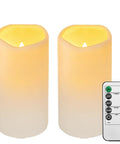 2 Pack Outdoor Flameless LED Pillar Candles With Remote And Timer, waterproof flickering candles, 3 inch by 5.5 inch, ivory glow