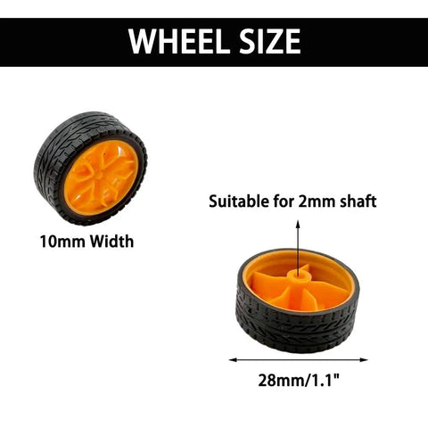 Bold 20 Piece RC Model Wheel Set With 10 Round Axle Shafts, yellow rubber tires, 28mm diameter, 10mm thick, 2mm shaft compatibility