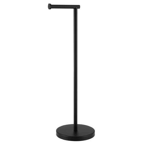 Zero Fuss Freestanding Toilet Paper Holder Stand In Classic Black With Heavy Duty Weighted Base For Smooth Easy Reach Setup.