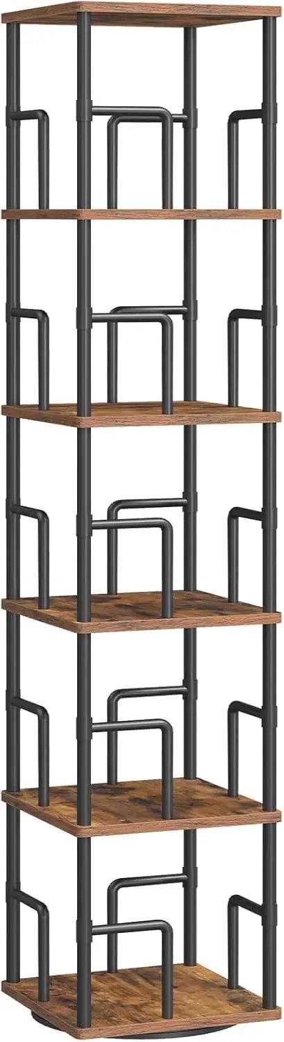 Solid Five Tier Freestanding Swivel Corner Bookshelf With Slick 360 Spin Rustic Industrial Storage Rack on a white background.