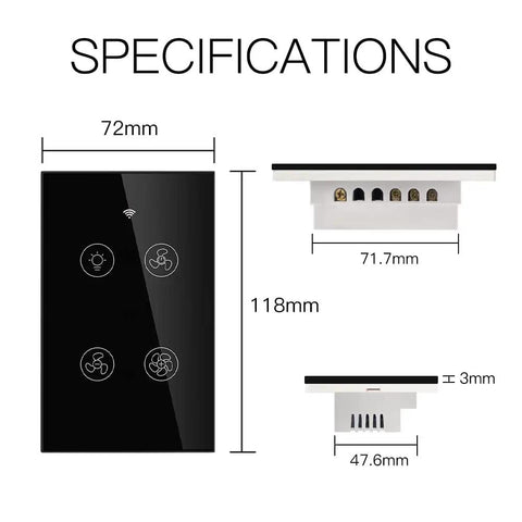 Dimensions of WiFi Smart Ceiling Fan Light Wall Switch with Remote Timer And Countdown, black touch panel, 72x118mm