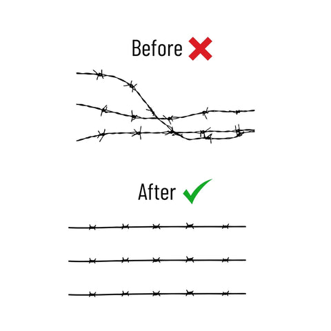 Comparison of barbed wire fence before and after using Effortless Fence Fixer Barbed Wire Stretcher And Tightener For Barbed Wire Electric Fence Wire Horse Fencing And Net Wire Fencing 60 Second Stretch For Water Gaps And Short Runs Made In The USA.