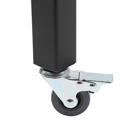 Close-up of the wheel mechanism of the Badass Expandable Folding Security Gate 51 By 36 Inch Black Rugged Steel Door.