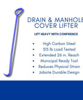 Drain Grate And Manhole Cover Lifter Heavy Duty Hook Tool High Carbon Steel Five Eighth Inch By 26 Inch Lifter For Covers And Grates Up To 315 Lb Load Pro Contractor Grade Built For Heavy Duty Use displaying tool details and features