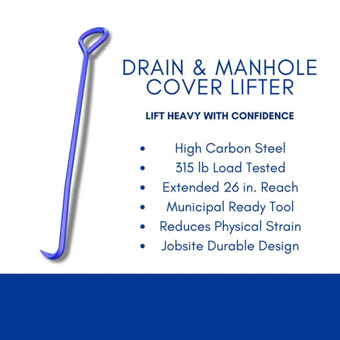 Drain Grate And Manhole Cover Lifter Heavy Duty Hook Tool High Carbon Steel Five Eighth Inch By 26 Inch Lifter For Covers And Grates Up To 315 Lb Load Pro Contractor Grade Built For Heavy Duty Use displaying tool details and features