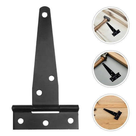 8-Piece Galvanized T-Strap Hinges for Barn Doors and Outdoor Wood Gates with black finish, shown in installation context.
