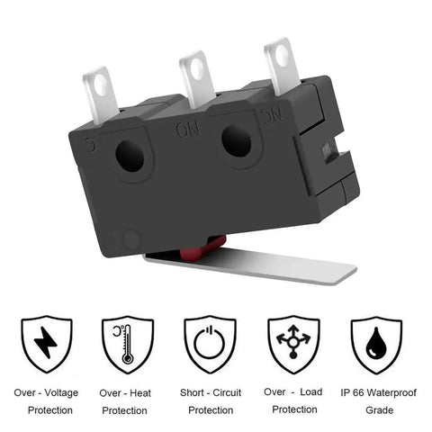 SPDT Micro Limit Switch With Hinge Lever Momentary Push Button 1NO 1NC 3 Pins AC 5A 125V 250V, rugged design, front view.