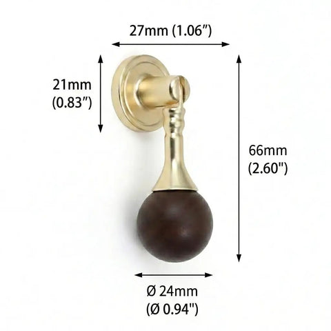 Gold Pendant Knobs Set 12 Pack for Cabinets and Furniture, Heavy Duty Zinc Alloy With Wood Ball, single knob dimensions shown.