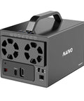 Plug And Play Heavy Lifter Four Bay Sata Storage Enclosure for 2.5 and 3.5 inch drives showing USB C ports and cooling fans.