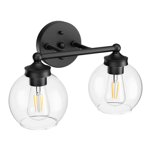 Industrial Vanity Light Fixture With Two Light Vintage Matte Black Bathroom Lighting Globe Clear Glass Shades Farmhouse Wall Sconces Modern Rustic Sconce Lighting For Bath
