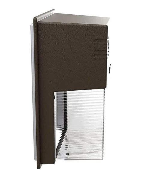 Side view of 7 Inch Mini LED Wall Pack Outdoor Light Fixture With 3 Way Selectable CCT 3000K 4000K 5000K Adjustable Lumens Dusk To Dawn Photocell MVOLT Bronze Finish 18 In 1 Configurable Exterior Wall Light Built Tough For Security