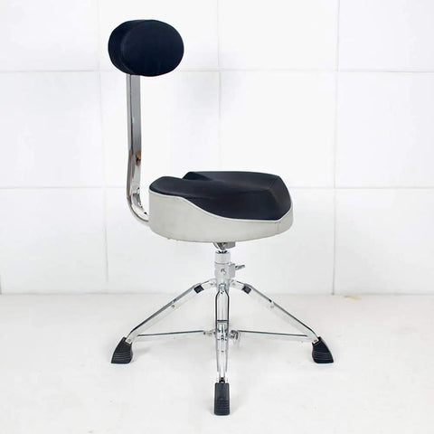 Heavy Duty Foldable Drum Stool With Padded Backrest And Height Adjustable Seat, Rock Solid Steel Frame, Anti Slip Rubber Feet, Tight Control For Piano Guitar Or Live Sessions, Black viewed from the side.