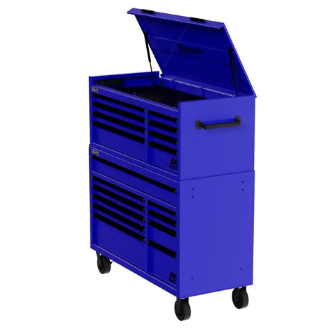 Real Deal 54 X 24 X 72 Inch Steel Rolling Tool Chest Hutch Combo Cabinet for the Daily Grind Heavy Duty Build Smooth Rollers in vibrant blue.