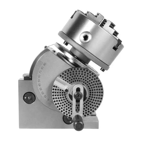 Solid Six Inch Universal Indexing Head For Milling Machines Featuring Heavy Duty Three Jaw Chuck And Cnc Rotary Axis Tailstock Kit side view with precision details.