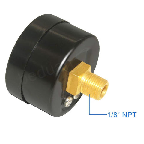 Beduan air pressure gauge, black housing with brass 1/8 NPT male connector, close-up