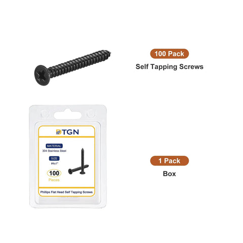 100 Pack Of Badass Black Flat Head Wood Screws Heavy Duty Self Tapping Fasteners In Four By One Inch Size Made From Tough 304 Stainless Steel in packaging.