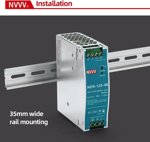 48V DC DIN Rail Power Supply 120W 2.5A With Wide Input 85 to 264 VAC on 35mm DIN rail for industrial automation.