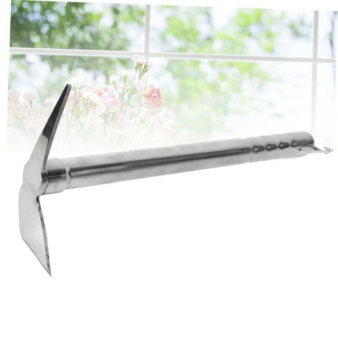 Stainless Steel Garden Pickaxe Hoe Grab-And-Go Double-Use Tool For Planting And Weeding against a garden window backdrop