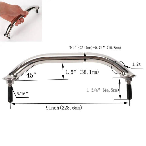 Rock Solid 9 Inch 304 Stainless Steel Grab Bar Set Smooth Polished Handrail Hardware with measurements and hand grip.