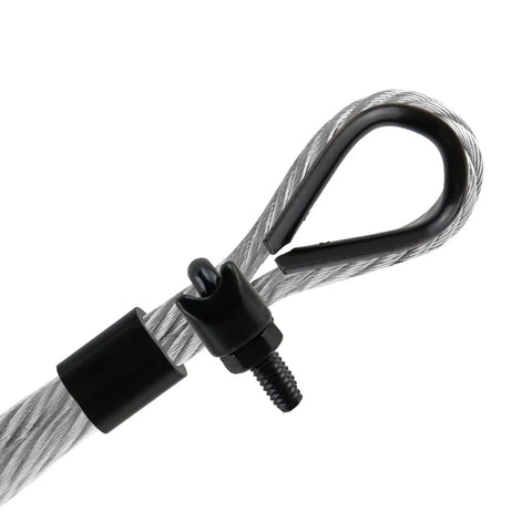Close-up of cable with thimble and clip from 30 Piece Stainless Steel Wire Rope Kit With Cable Clips Thimbles And Aluminum Crimp Sleeves M3 One Eighth Inch Black For Indoor Outdoor Rigging And Cable Support